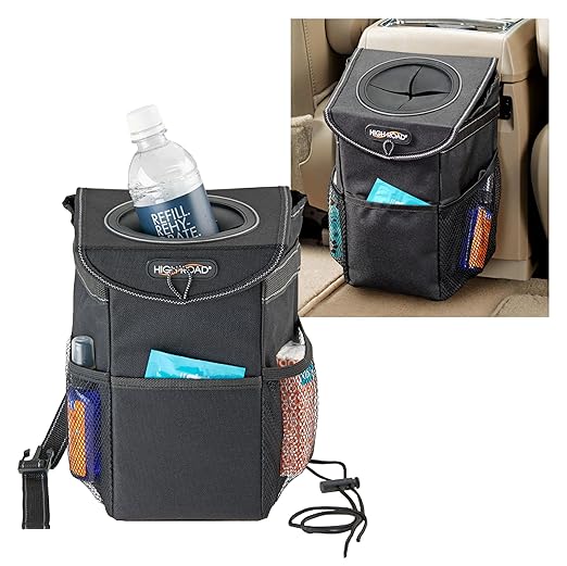 High Road StashAway Heavy Duty Car Trash Can with Rubber Lid, 3 Storage Pockets and Sturdy Panels for Stable Floor or Hanging Seatback Use (Black)
