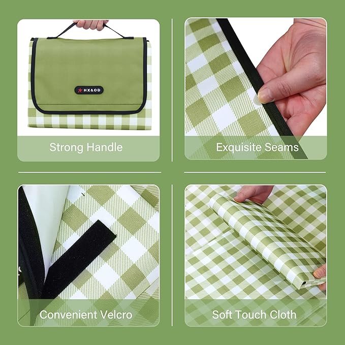 HX&OD Picnic Blanket Outdoor Extra Large Picnic Mat 80"X60" Camping Blanket Beach Blanket Foldable Waterproof Sand Mat Hiking Travel Family Concerts(Green)