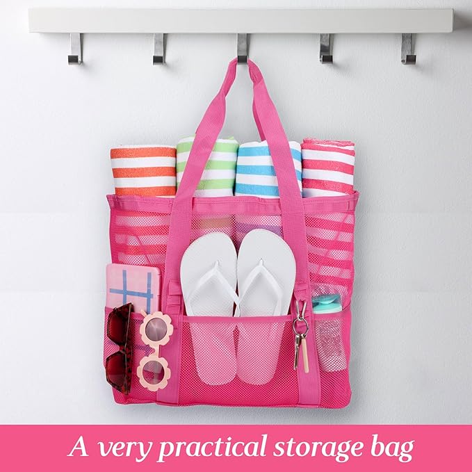 Hillban Large Beach Mesh Bags Bulk for Women Beach Tote Bag with 8 Pocket Zipper Waterproof Sandproof for Pool Cruise Ship