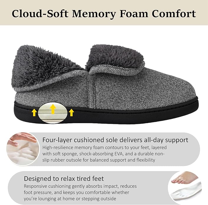 Men’s Knit Bootie Slippers Warm Fold-Over Ankle Collar Plush Fleece Lined Memory Foam House Shoes Cozy Winter Non-Slip Indoor Outdoor Slippers for Men