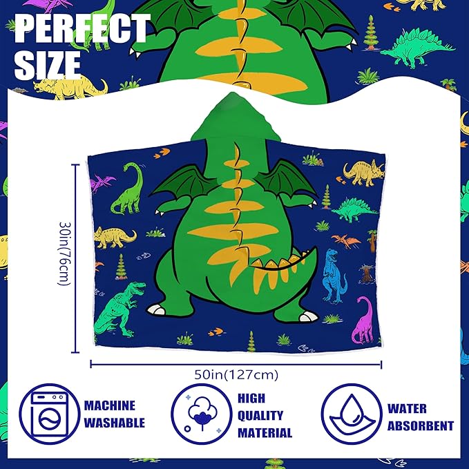 Dinosaur Hooded Beach Towel for Boys, Soft & Absorbent T-Rex Dinosaur Poncho Towel, 30”x50” Green Blue Bathrobe for Kids Cool Cartoon, Quick Dry Swim, Pool, and Bath Time