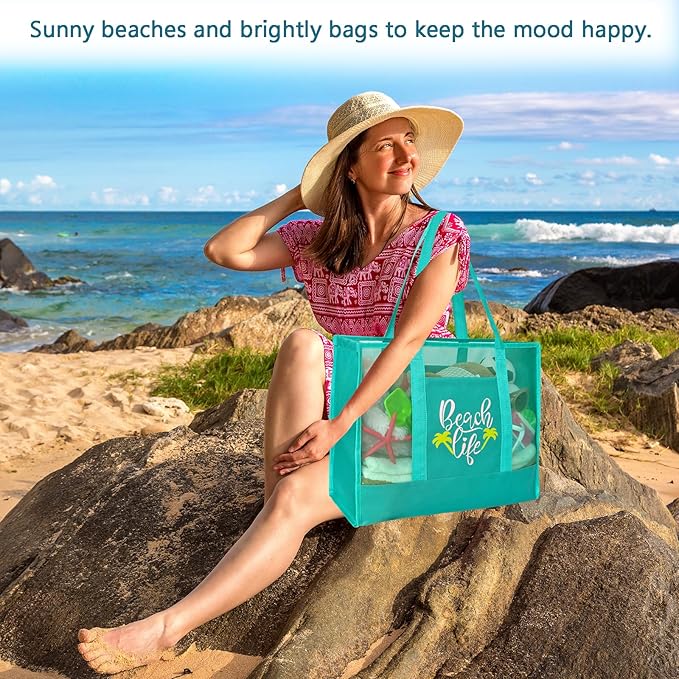 Reusable Large Beach Bags With 2 Pockets & Zipper, Lightweight Beach Tote for Poolside, Trip/swim