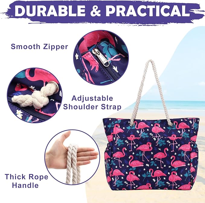 Kasqo Beach Bags for Women, Large Waterproof Beach Bag Tote Zipper Swim Pool Bag with Small Pouch for Grocery Travel Vacation