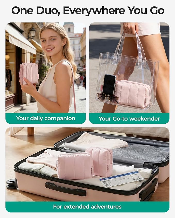 BAGSMART Makeup Bag Duo Set, Puffy Padded Travel Cosmetic Organizer with Slip-in Pockets, Large Toiletry Bag & Small Purse Pouch, Travel Essentials for Women, Baby Pink