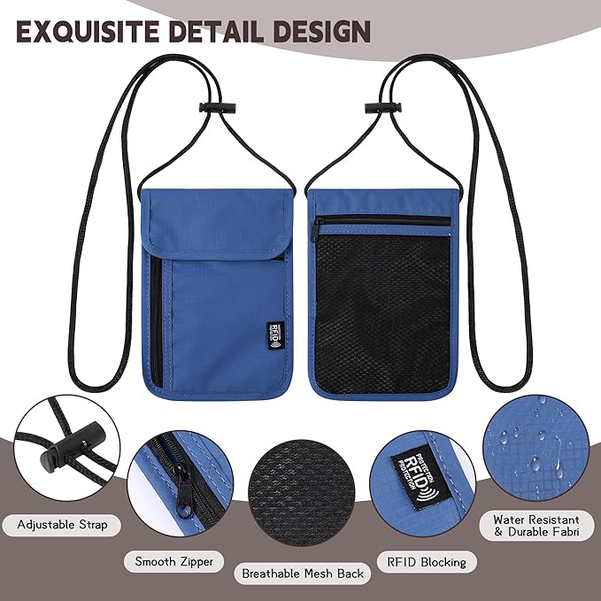 5.5" L x 7.9" W Travel Neck Wallet, RFID Blocking Passport Holder, Security Lightweight Passport Travel Wallet, Neck Pouch Gifts for Women Men(Blue)