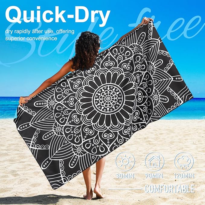 4 Packs Lightweight Thin Microfiber Beach Towel Oversized Quick Dry Compact Sandproof Clearance Towels Sand Free Camping Pool Easy Pack Essentials Women Bohemian Black Purple Turtle Purple Green