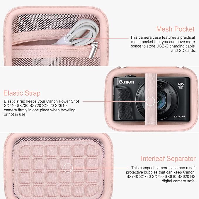 RAIALL Carrying Case for Canon PowerShot SX740/ SX730/ SX720/ SX710/ SX610/ SX260/ ELPH 360 HS Digital Camera, Vlogging Camera Travel Hard Bag, Mesh Pocket for Battery, SD Cards and USB Cable, Pink
