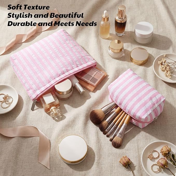 2 Pcs Makeup Bag Set Cute Cosmetic Pouch for Women Seersucker Travel Toiletry Bag Preppy Small Makeup Purse Pouch Aesthetic Skincare Brushes Storage Organizer for Valentine Women(Pink Wide)