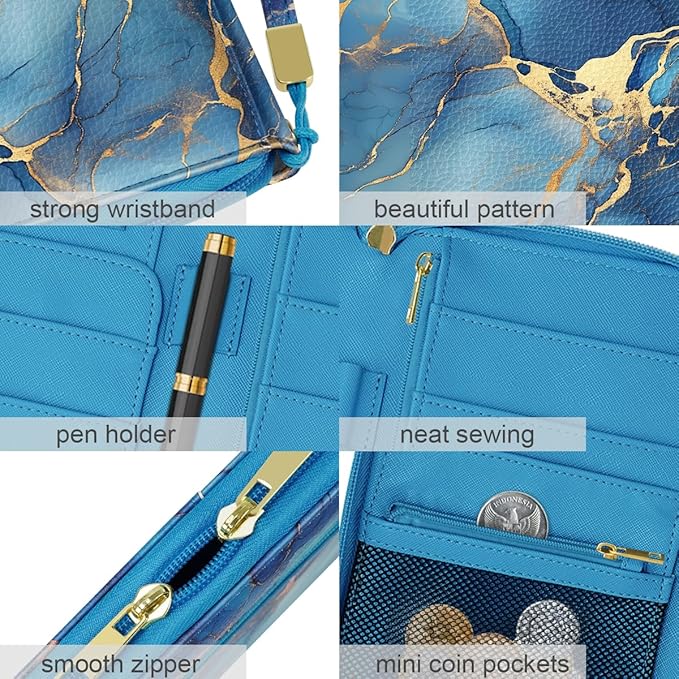 Family Passport Holder Wallet RFID Blocking Document Organizer PU Leather Mulit-purpose Travel Wallet Credit Cards Case for Women Men, Blue Marble
