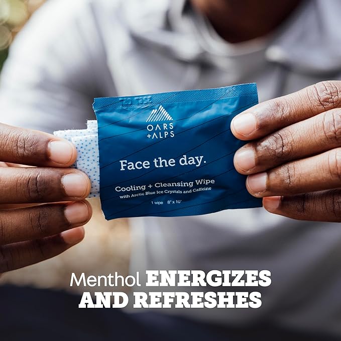 Oars + Alps Cooling Face & Body Wipes, Dual Sided Cleansing Wipes Towelettes for Post Workout, Activities,Commutes, Dermatologist Tested Skin Care with Menthol & Ginseng, Travel Friendly, 14ct