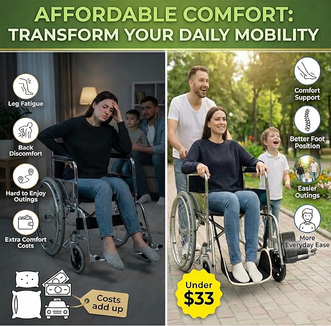 Premium Wheelchair Foot sling Hammock noncollapsible with separator and storage for Walker Rollator Holder long flight Leg attachment replacement elevating Portable Medical swing Essential Accessories