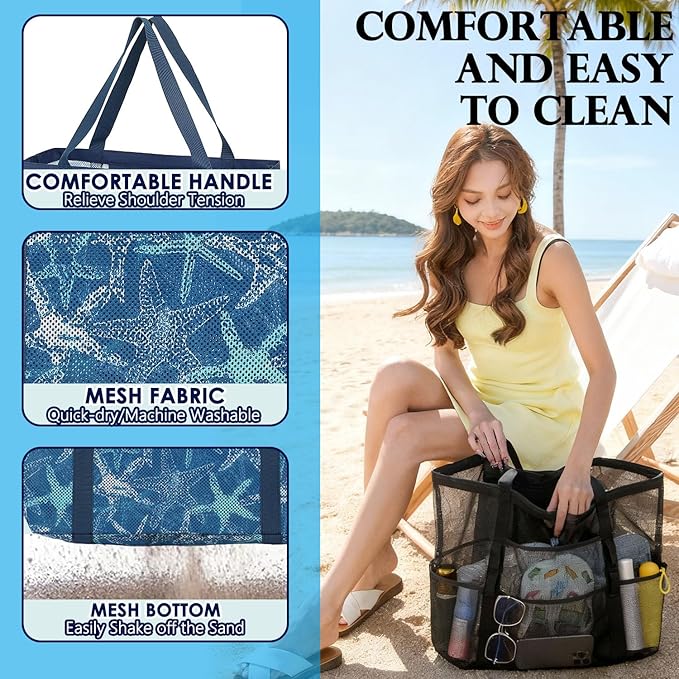 Mesh Beach Bag, Large Beach Tote with Zipper Pocket, Toys Pool Bag for Family Travel Vacation Cruise Essentials
