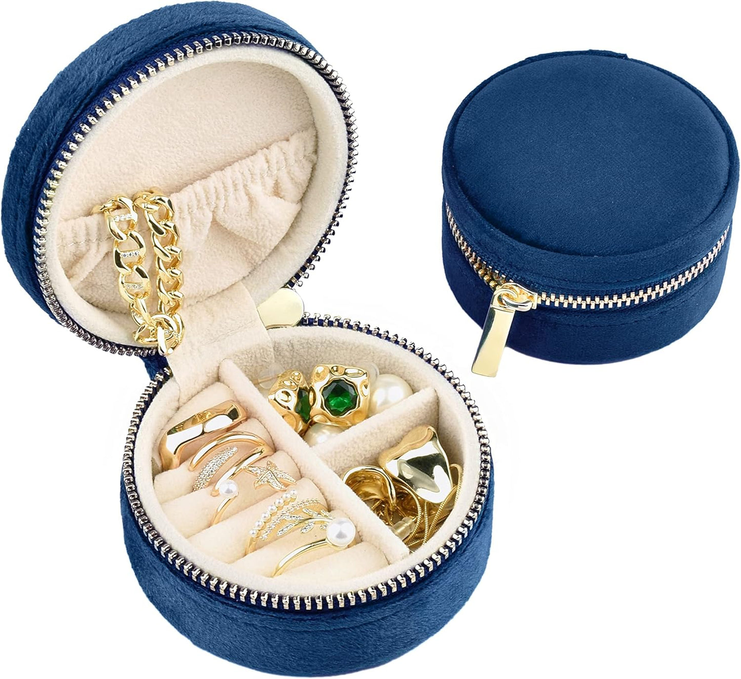 TAIMY Velvet Travel Jewelry Box, Round Small Travel Jewelry Case for Women Girls, Portable Mini Jewelry Travel Organizer Boxes for Rings Earrings Necklaces Bracelets(Navy Blue) 3.15x3.15x1.57in