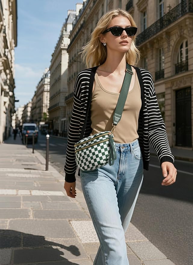 Checkered Crossbody Bag for Women, Spacious Sling & Stylish Bum Bag for Travel, Concerts, Festival, Nylon Fanny Pack Belt Bag (Colour Bum Bag-Beans Green Checkered)