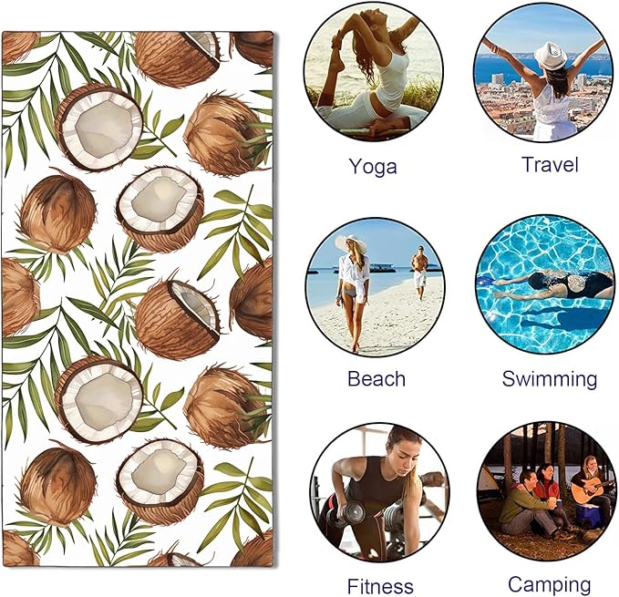 Coconuts Pattern Beach Towel Extra Large 36" x 72", Thin Lightweight Microfiber Towels with Fruit Design, Sand Free and Quick Dry, Compact Bag