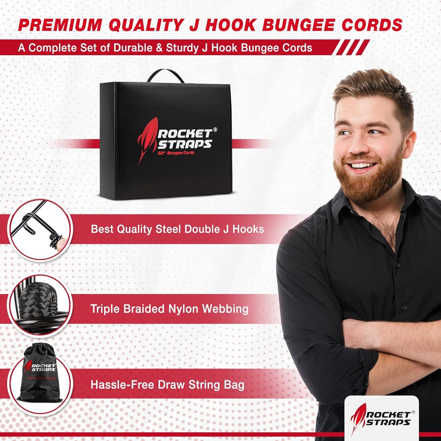 Rocket Straps - Ultimate Outdoor Bungee Cord Assortment - Heavy Duty Set of 12 Bungee Cords (72") Double-J Hooks - Elastic Straps for Camping, Securing, and DIY and Multipurpose