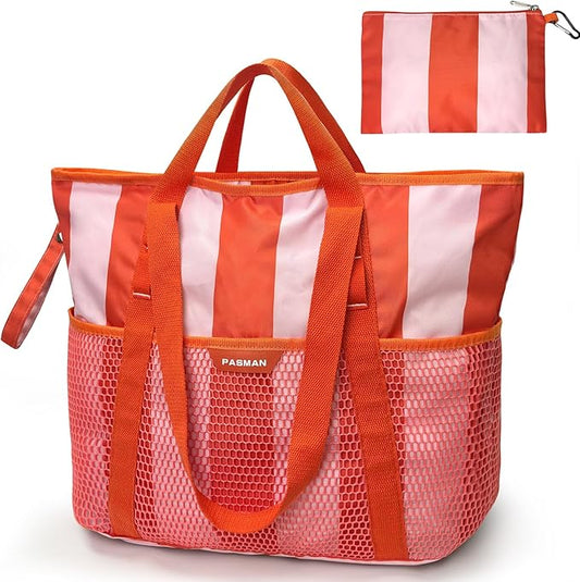 Large Beach Bag with Zipper-8 Pockets Sandproof Beach Tote Bag for Women,Foldable Lightweight Family Swim Bag Vacation