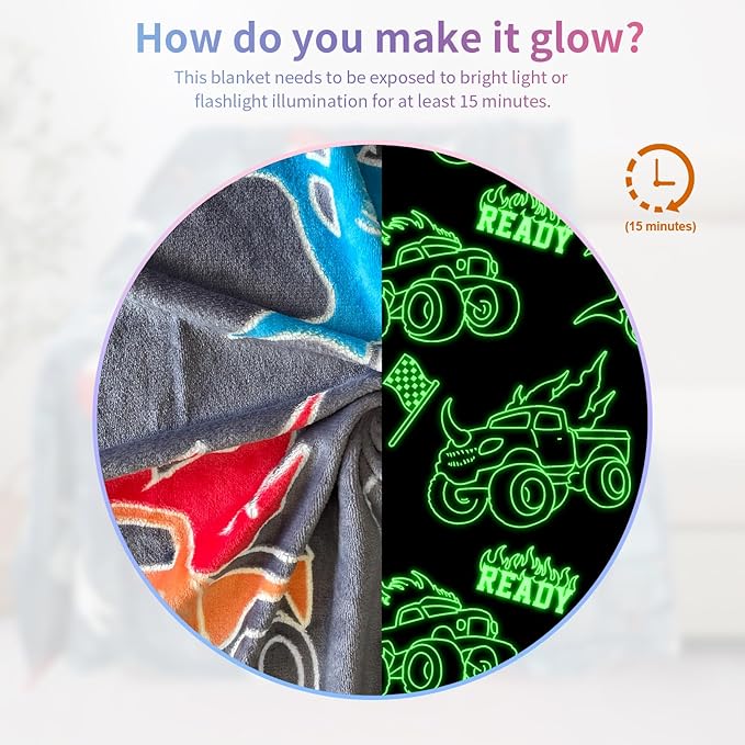 Truck Blanket for Boys, Glow in The Dark Blanket for Kids/Toddler/Baby, Soft Fleece Blankets and Throw, Birthday 40"x 60"