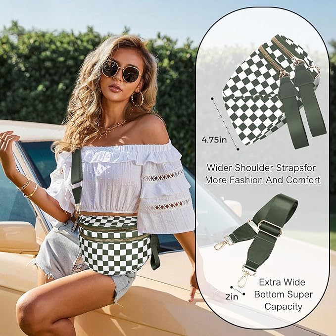 Spacious Nylon Checkered Crossbody Bum Bag for Women, Fashion Checkerboard Fanny Pack Purse with Anti-theft Pocket, Adjustable Wider Strap Wasit Bag (White-Green)