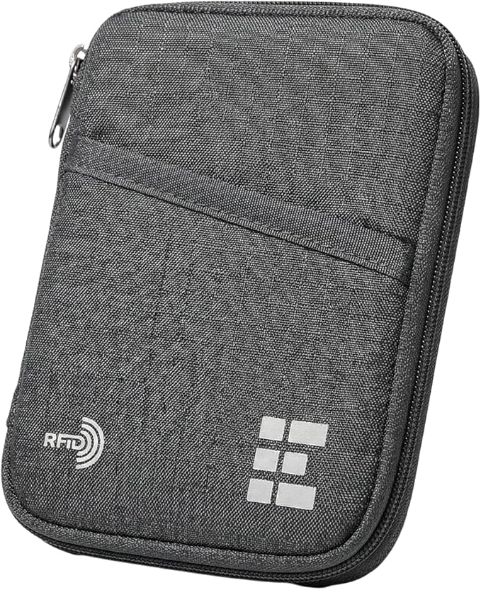 Zero Grid RFID Passport Holder & Travel Wallet, Zippered Wallet for Men & Women, Fits Passport, Cards, Cash, Tickets, ID, Sim Card, AirTag; Premium & Compact Travel Document Holder - Shadow Grey