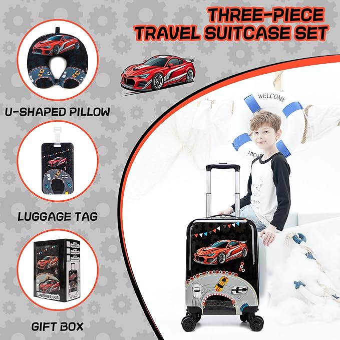 Kids Suitcase Set for Boys Hardside Luggage with Spinner Wheels 2 Piece 16inch Toddler Suitcase for Boys Travel Carry on Luggage Airline Approved