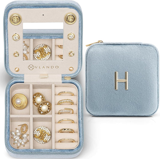Vlando Jewelry Case for Girls Womens Fashion, Pink Jewelry Box Travel Must Haves, Jewelry Box for Girls, Small Travel Jewelry Case Birthday Gifts for Travel Gifts for Women - Letter H, Blue