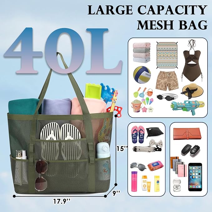 Mesh Beach Bag, Large Beach Tote with Zipper Pocket, Toys Pool Bag for Family Travel Vacation Cruise Essentials