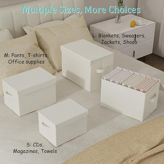 Foldable Storage Bin, Cube Organizer Basket with Flip-Top Lid and 2 Handles, Decorative Boxes for Shelves with Cover for Clothes, Towels, Blanket, 4 Pack, Beige, 13 x 9 x 7.9 In, XSNY12BEM-4