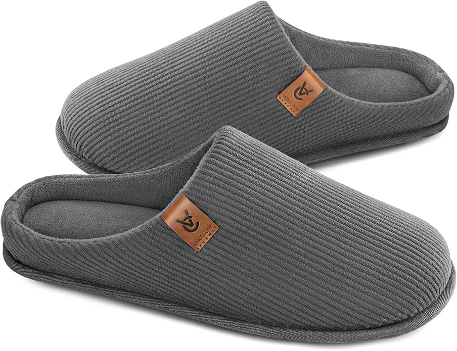 VeraCosy Men's Cozy Slip-on Slippers Corduroy Memory Foam Indoor House Shoes