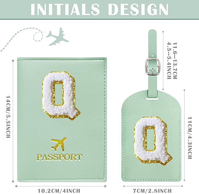 COSHAYSOO Green Passport Cover and Luggage Tag Set TSA Approved with Her Initial Chenille Letter Patch for Big Little Girls Sister Daughter, Hawaii Travel Bag Backpack Suitcase Identifier (Q)