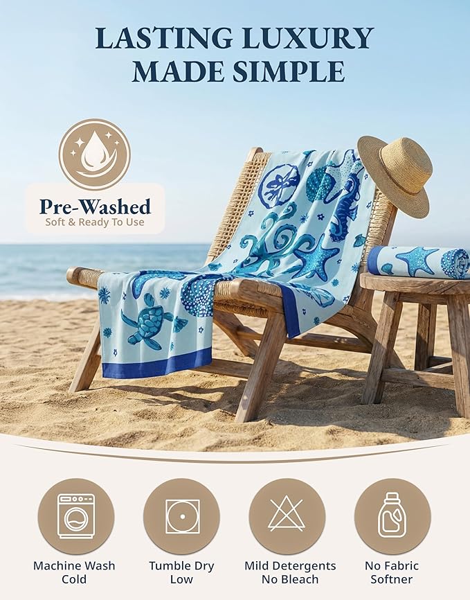 LANE LINEN Beach Towels for Women, 2 Pack Oversized, Pre-Washed, No-Shrink, Sand-Free, Quick Dry, Lightweight Travel Beach Towels for Pool & Shore, Soft and Absorbent – 39"x71", Sky Blue