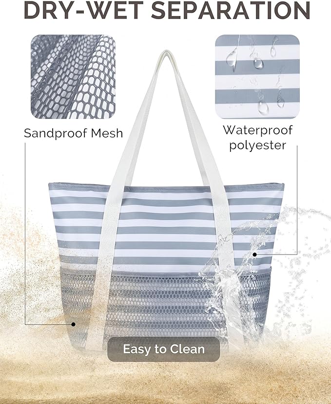HOMESPON Beach Bag Large Waterproof Sandproof Tote for Women with Zipper and Mesh Pockets