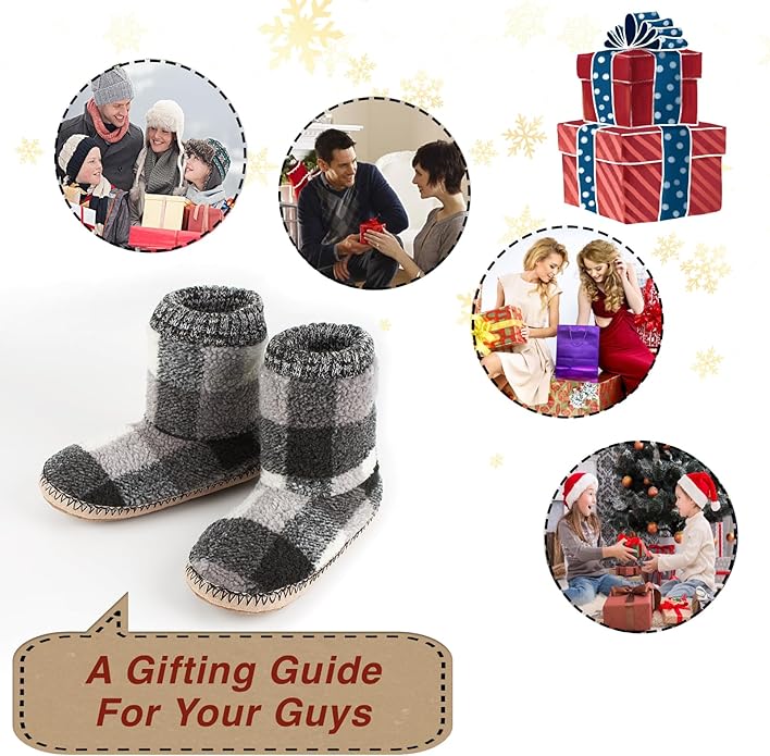 cosyone1997 Boot Slippers for Men Indoor Soft Sole, Warm Fuzzy Slipper Socks with Non Slip Grips