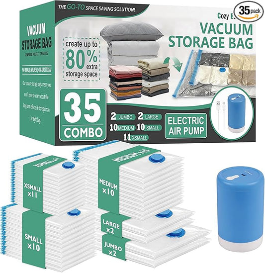 Cozy Essential Travel Vacuum Storage Bags with Rechargeable Cordless Electric Pump, Space Saver Bags for Luggage, Suitcase, Carry-On, for Clothes, Blankets, Comforters, Pillows, 35 Combo