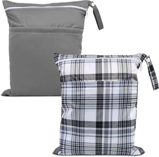 2pcs Cloth Diaper Wet Dry Bags Waterproof Reusable with Two Zippered Pockets Travel Beach Pool Daycare Soiled Baby Items Yoga Gym Bag for Swimsuits or Wet Clothes- Plaid
