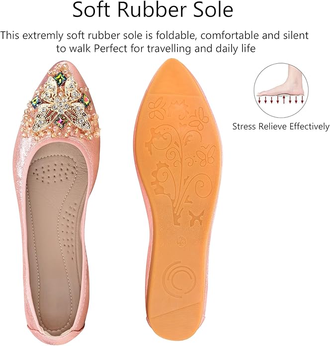 KUNWFNIX Women Ballet Flats Rhinestone Wedding Ballerina Shoes Foldable Sparkly Comfort Slip on Flat Shoes
