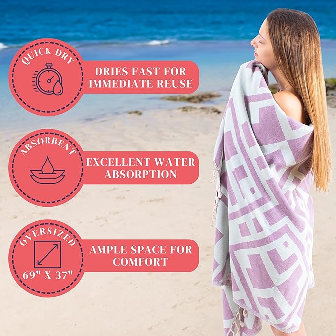 100% Cotton Luxury Beach Towels for Women - Big Beach Towel Turkish (69 x 37 inch) - Light Weight, Cloud, Sandless, Compact for Travel, Pool, Swimming - Beach Gifts for Women -Blanket, Wrap, Sarong
