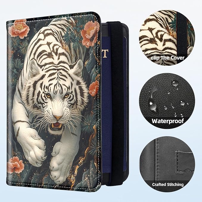 Passport Holder for Travel, RFID Blocking Passport Holder Travel Walle, Passport and Vaccine Card Holder, Vacation Must Haves Travel Accessories for Men Women, White Tiger