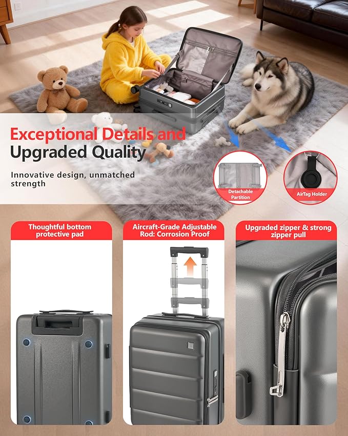 Expandable 20Inch Carry On Luggage Airline Approved - Top Opening Hardside Travel Suitcase Unbreakable -with Cup Holder,USB Charge,Side Pothook, 360°Spinner Wheels, TSA Lock-Grey