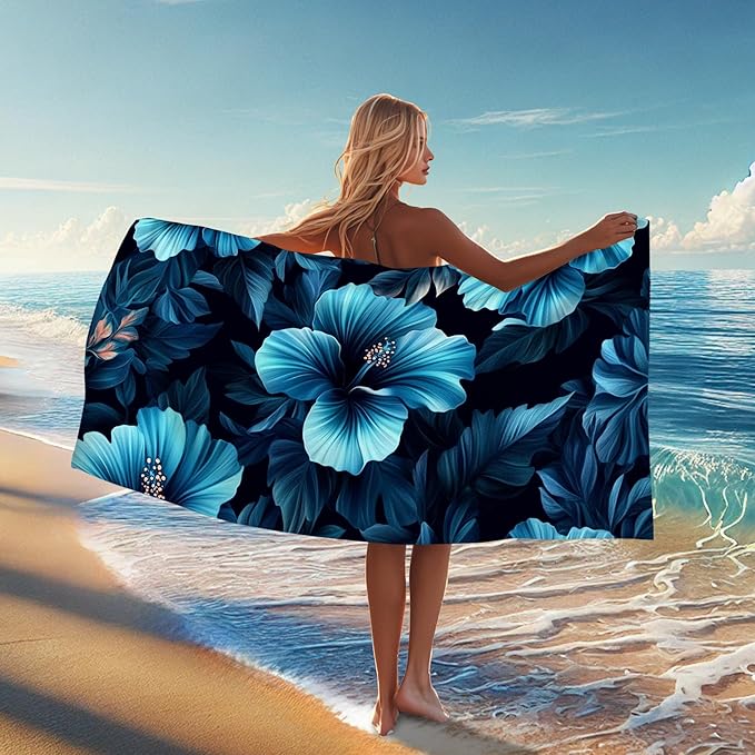 Tropical Floral Microfiber Beach Towel Blue Hibiscus Patterns, Quick Dry Absorbent Soft Sand Free Lightweight Beach Blanket, Vacation Picnic Pool Gym Essentials 62x31 Inch