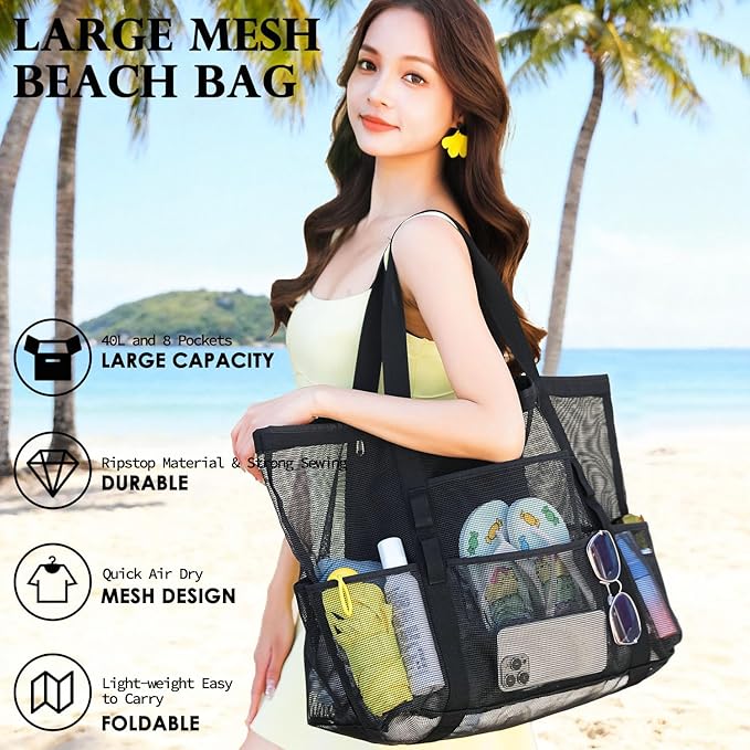 Mesh Beach Bag, Large Beach Tote with Zipper Pocket, Toys Pool Bag for Family Travel Vacation Cruise Essentials