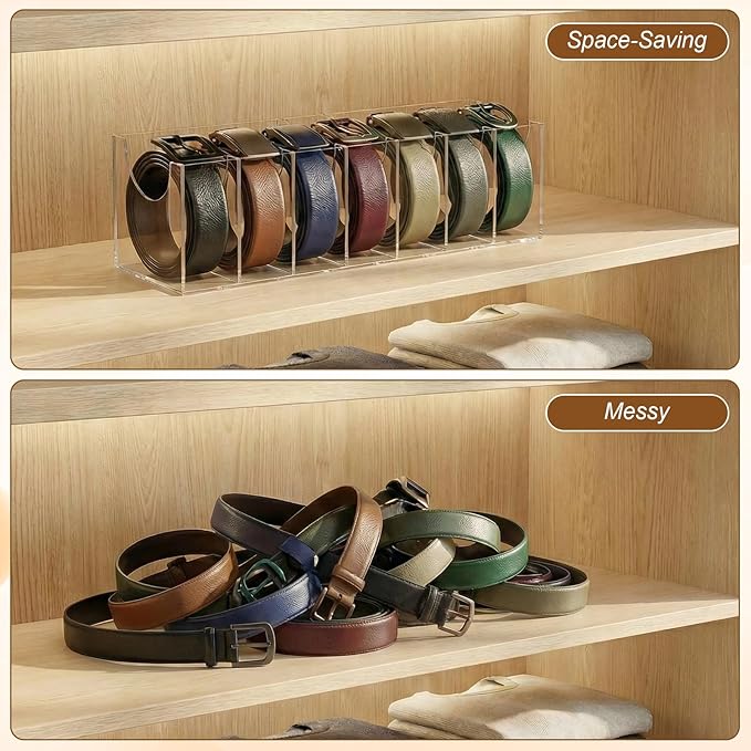 Belt Organizer, Acrylic Belt Storage Holder for Closet Drawer with 7 Compartments, Belt Holder Organizer with Dust Cover Box Holder, Clear Belts Display Case for Watch, Jewelry, Socks
