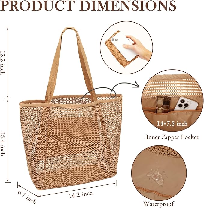 Fammart Mesh Beach Bag for Women, Summer Straw Tote Hobo Pool Bags with Zipper Pocket, Travel Vacation Cruise Essentials 2026