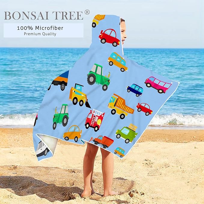 Bonsai Tree Blue Car Hooded Beach Towel for Kids, Cute Bath Towel with Hood, Boy Microfiber Super Absorbent Soft Poncho Bathrobe for Swin Pool 30”x50”