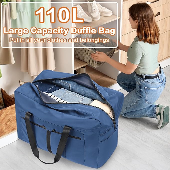 Large Duffel Bag for Travel, Foldable Storage Bag for Traveling, Collapsible Duffle Bag (Blue, 110L)