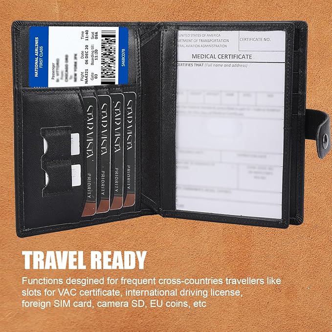 STAR VISTA Cosimo Leather Passport Holder for Exquisite Voyagers or Pilots, Transparent Windows for Travel Document & Dual IDs, RFID Blocking, 2 Passports, 2 IDs, 8 Cards, AirTag Slots, Black