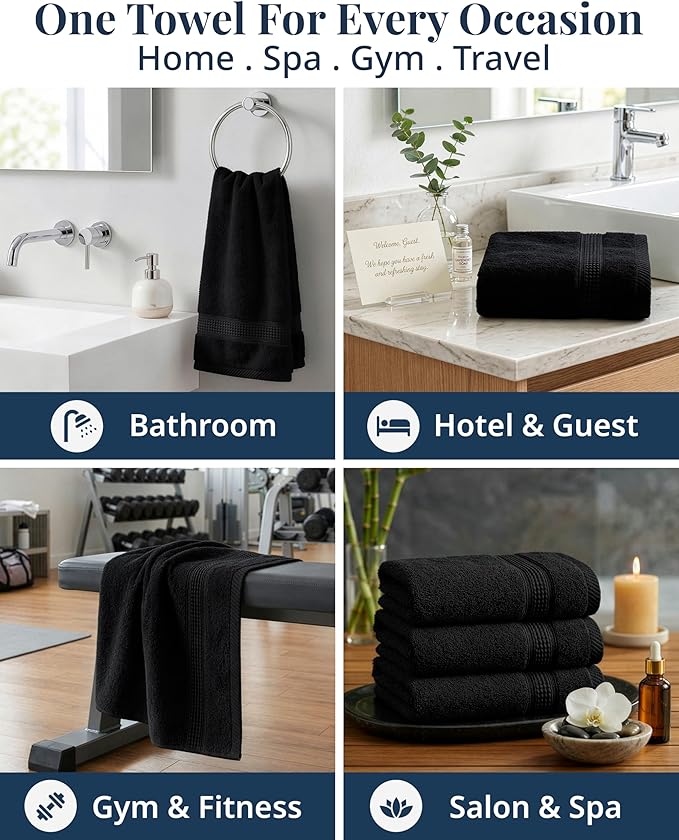 Black Hand Towels for Bathroom - 4 Pack (16"x28"), 100% Ringspun Cotton Hand & Face Towel - Soft, Prevent Fraying, Fade and Shrink Resistant - Daily Use Gym Towels for Men & Family Bathroom Hand Towel