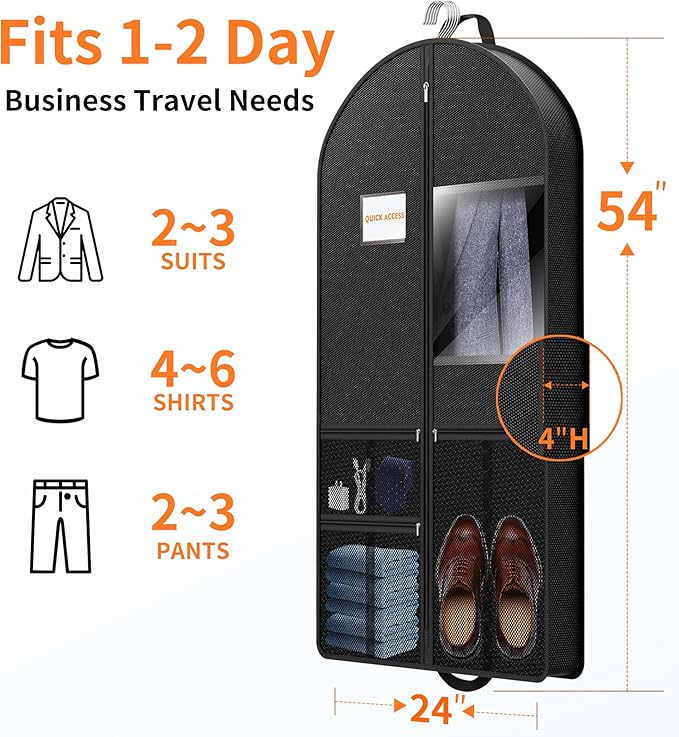 Garment Bag Travel Suit Storage: 54 Inch 3 Packs Fabric Breathable Zippered - Clothes Covers Carry Shoe Pockets Lightweight - Men Travel Wardrobe Protector Hanging Up Multiple