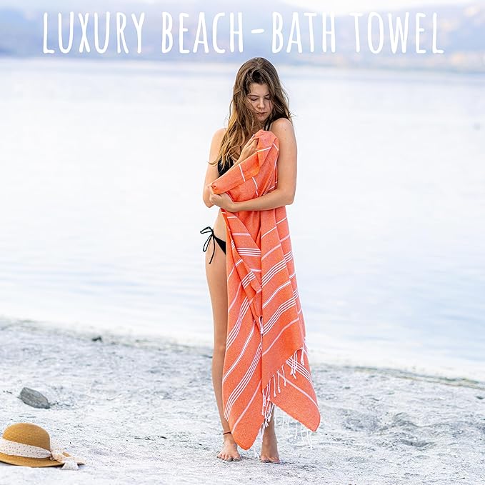 Ray Silver Turkish Beach Towel – 100% Cotton 40x71 Quick Dry Oversized Sand Free Lightweight Blanket for Travel Camping Bath Sauna Pool Gym Yoga (1pc - S-Orange)