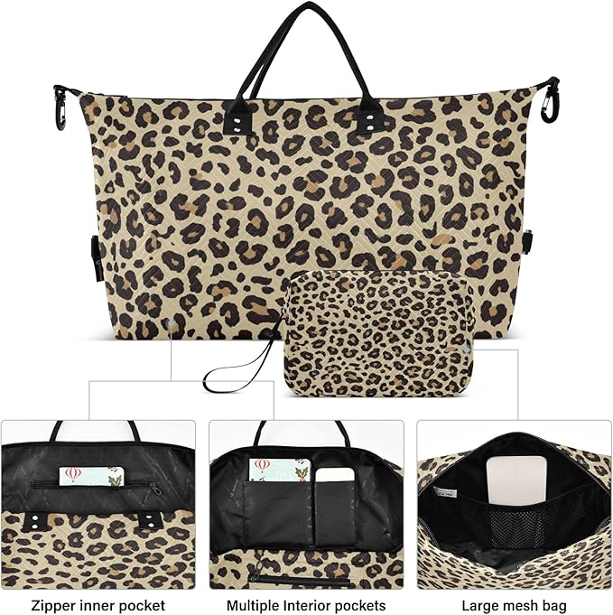 Travel Duffle Bag, Brown Leopard Print Gym Bag with Storage Bag Weekender Overnight Bag for Men Women Trip Sports Yoga
